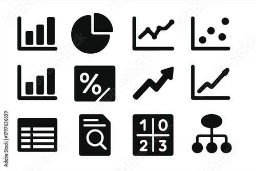 Solid Data Icons. Solid style icons of Data and statistics: bar chart, pie chart, line graph, scatter plot, histogram, percentage