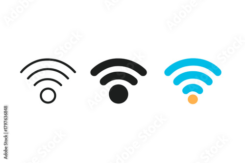 Three different wifi icons are shown in a row. The first is a black and white wifi icon with a circle in the middle. The third is a black