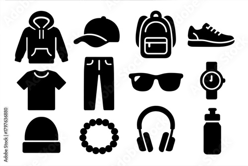 Youthful Icon Set. Solid style icons of Youth and casual style: hoodie, cap, backpack, sneakers, t-shirt, jeans, sunglasses, watch