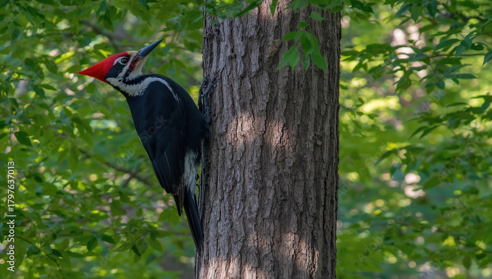 Fototapeta premium Piled Woodpecker in natural habitat, observing tree bark for insects, wildlife preservation