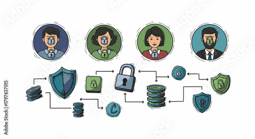 Hand Draw illustration of secure digital identity and data privacy, showcasing user profiles, network protection, and confidential information flow