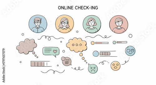 Hand Draw" style illustration of an online check-in process, depicting diverse user avatars, progress bars, and communication feedback elements for digital service interaction