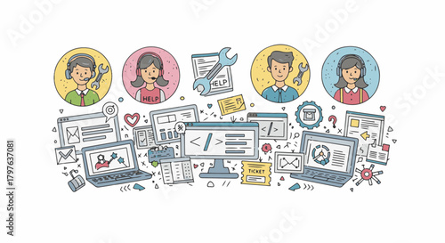 Hand Draw illustration depicting a team of IT support and web developers working with various digital tools and coding concepts