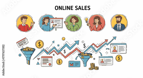 Engaging Hand Draw concept illustration showcasing online sales strategy, digital marketing, and business growth analytics