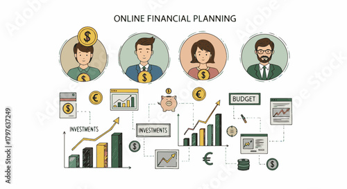 Hand Draw Icons Illustrating Online Financial Planning, Investment Growth, and Budget Management Concepts for Business Success
