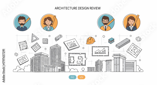 Engaging Hand Draw Architectural Design Review Scene with Architects, Building Blueprints, and Urban Development Focus