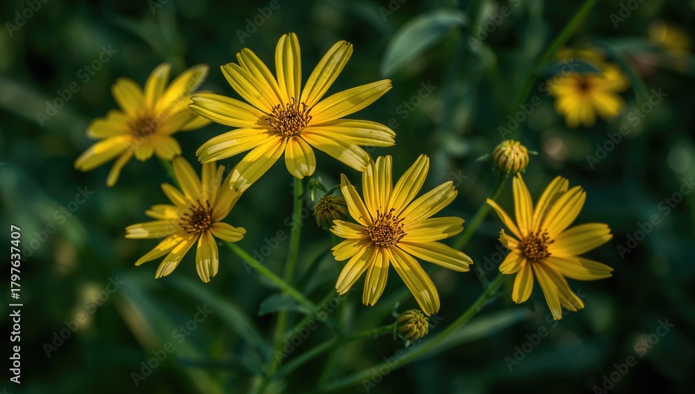 Fototapeta premium Yellow Flowers Against a Green Backdrop, suitable for editorial headers