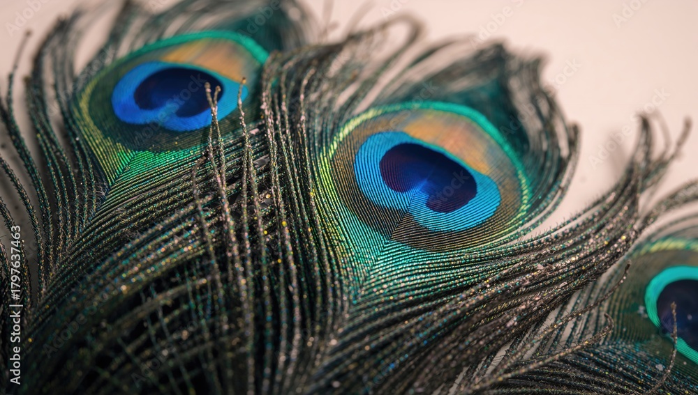 Fototapeta premium Close-up of peacock feathers, showcasing vibrant textures and colors, perfect for editorial backgrounds