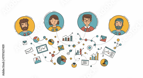 Engaging Hand Draw concept illustrating global team connectivity, collaborative data analysis, and digital network communication
