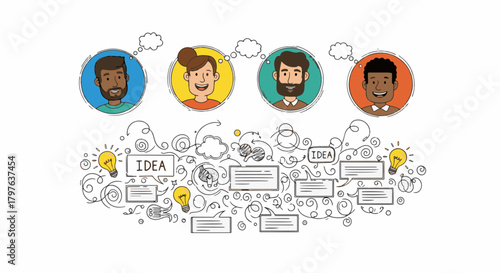 Hand draw concept of diverse business team collaborating on fresh ideas and innovative solutions diagram