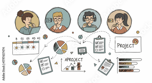 Hand Draw Illustration of a Diverse Team Collaborating on Project Management and Business Development with Data Analysis