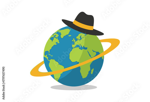 Stylish world globe with a cool hat and golden ring design, perfect for travel, global fashion, or international business concepts with a modern, creative flair