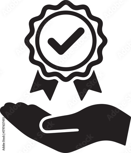 Quality Standard Glyph Black Silhouette Icon Design Vector - hand holding a badge symbolizing certification, standard, and trusted quality assurance

