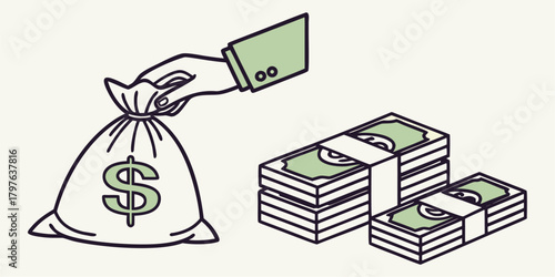 Secure your financial future with this wealth illustration, featuring a money bag and stacks of cash, perfect for business, investments, and success