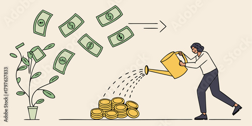 Cultivating financial growth, woman watering money plant, investing for future returns, building wealth and prosperity, vector art symbolizes growth