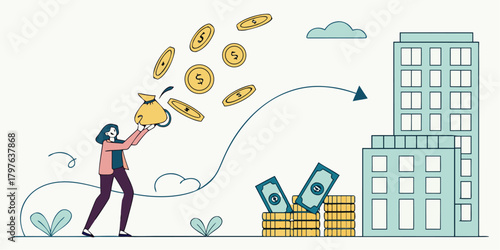 Woman investing money into real estate funds, wealth creation concept with dollar coins flowing from bag toward buildings, financial growth illustration