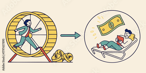 Break free from the rat race and achieve financial freedom and relaxation, a modern concept promoting wealth and passive income strategies for entrepreneurs