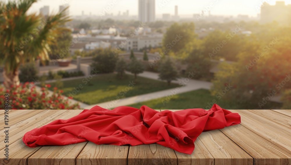 Obraz premium Red fabric draped on wooden tabletop with blurred city and garden backdrop, suitable for montage display or visual layout