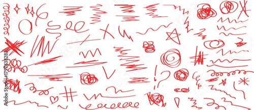 Hand drawn scribble, squiggles, curly lines, doodles drawn with a brush, felt-tip pen, chalk, charcoal, pen and pencil. Abstract red scribbles and shapes on a black background. A chaotic and energetic