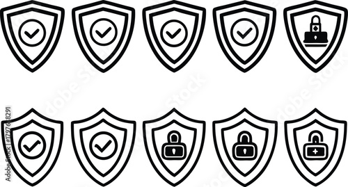 Shield icons with checkmarks and locks for security and safety