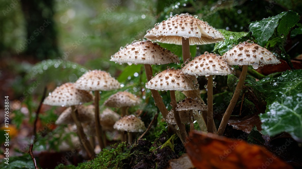Fototapeta premium Close-Up View of Mushrooms with Water Droplets in a Lush Forest Environment Capturing the Beauty of Nature and Fungi Growth in Autumn Season