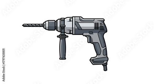 A detailed illustration of a grey power drill with a bit attached and an auxiliary handle, ready for construction or DIY tasks.
