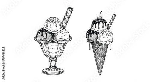Hand-drawn vintage style illustration of various delicious ice cream treats, including a sundae in a glass bowl and a cone.