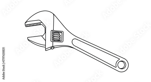 Line art illustration of a metal adjustable wrench, a versatile hand tool for mechanical work, presented on a clean white background.