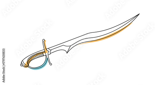 Illustration of a curved saber sword with a basket hilt, featuring line art and subtle color accents.