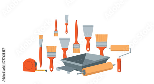 A variety of painting and home improvement tools, such as paint brushes, rollers, a tray, scrapers, and a measuring tape, on a white background.