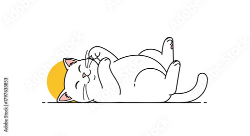 An adorable white cat lies on its back with paws up, smiling contentedly and looking very playful in a simple graphic design.