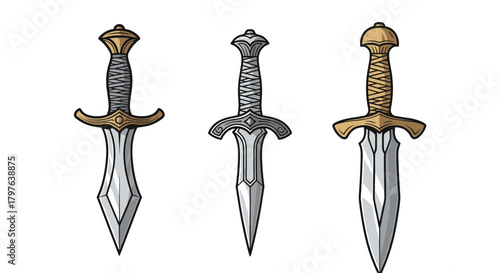 Three stylized fantasy daggers with ornate hilts and sharp blades, depicted in a clean, isolated vector illustration.