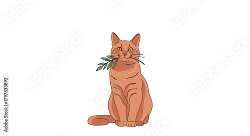 A cute orange cat holding a fresh green olive branch in its mouth, sitting peacefully on a white background.