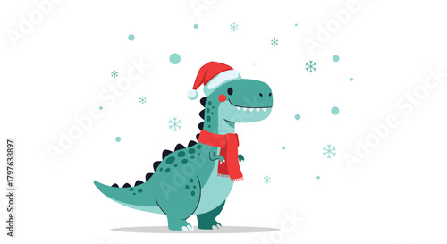 A cheerful cartoon T-Rex wearing a festive Santa hat and a warm red scarf, happily standing in a snowy winter scene with falling snowflakes.