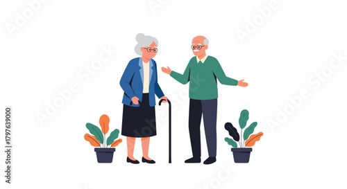 An elderly couple, with the woman using a cane, engaged in a friendly conversation and surrounded by potted plants.