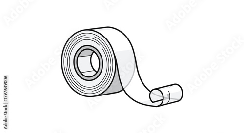 A simple line illustration of a roll of adhesive tape with a portion unrolled and curling at the end, depicted on a white background.