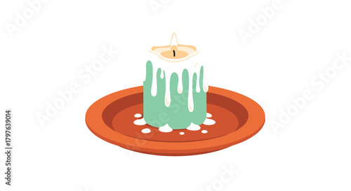 A vibrant teal-colored candle, softly lit and melting with white wax, rests on a simple orange plate, evoking a peaceful ambiance.