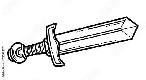 Line art illustration of a classic medieval sword, featuring a distinct hilt, grip, crossguard, and pointed blade.