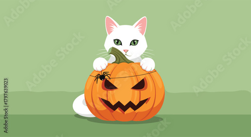 A cute white cat with green eyes peers from behind a cheerful jack-o'-lantern adorned with a spider, celebrating the spirit of Halloween.