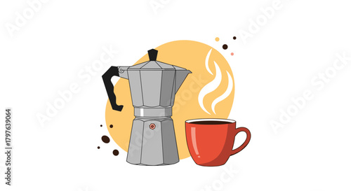 Traditional Italian moka pot and a steaming hot red coffee cup on a decorative yellow background with scattered dots, perfect for a morning brew.