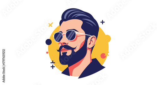 Stylishly designed vector illustration of a modern man with a beard, mustache, and sunglasses, set against a vibrant yellow and white background.