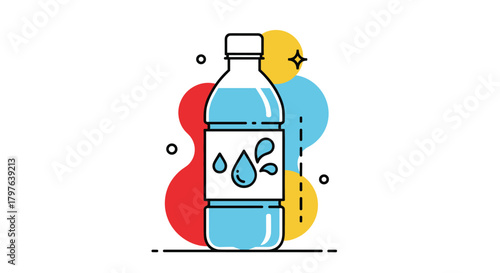 Clean vector illustration of a plastic water bottle with refreshing pure water, water drop label, and vibrant abstract shapes, symbolizing hydration and health.