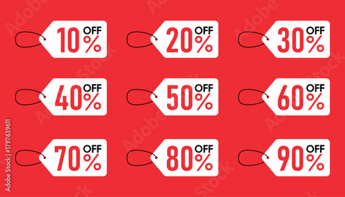 Promotion hold tag. Special offer discount on red tags shapes with different value percent off 90, 80, 70, 60, 50, 40, 30, 20, and 10%.	
