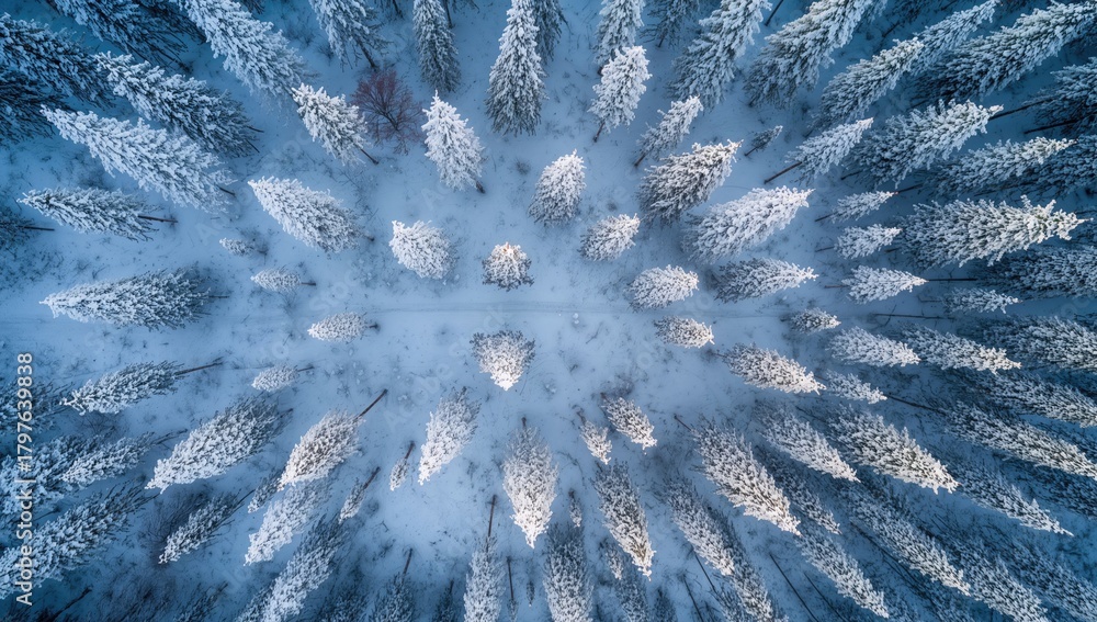 Obraz premium Aerial perspective of a snowy forest, showcasing the larch trees and ski trails, winter exploration opportunity