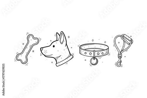 Minimalist dog essentials: bone, dog, collar, leash line art design