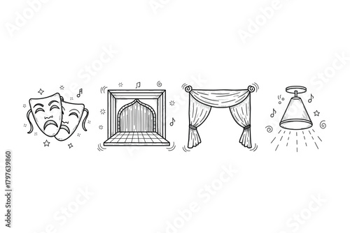 Theater doodle art with masks, stage, curtains, and spotlight icons