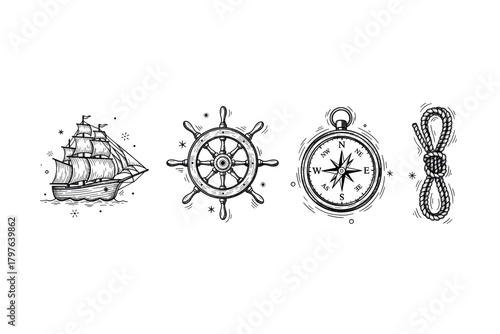 Vintage nautical collection: ship, wheel, compass, and rope illustrations