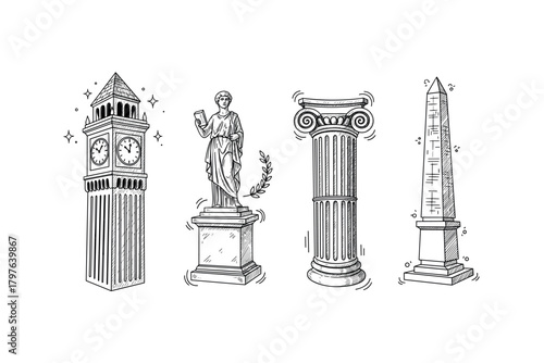 Vintage architectural icons: big ben, greek statue, ionic column, egyptian obelisk illustrations
