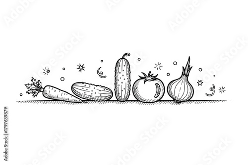 Hand-drawn vegetable line art: carrot, potato, cucumber, tomato, and onion