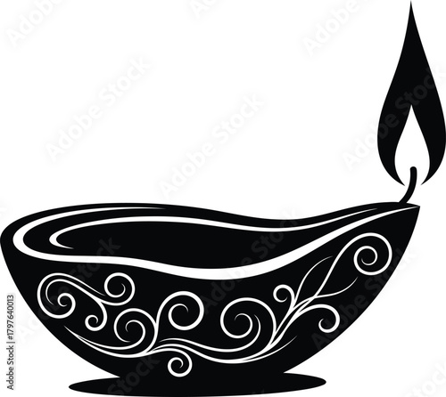 Ornate Long-Wick Diya Lamp Vector Art, Intricate Black and White Silhouette Illustration of a Traditional Indian Oil Lamp with Elegant Swirling Floral Designs for Diwali and Hindu Celebrations.